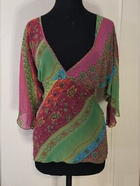 mandee Green & Pink Floral Wrap-Front Blouse
